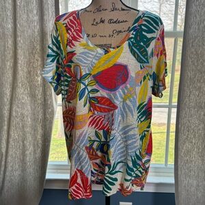 C&C California - Linen Tropical Print Scoop Neck Women’s Top - Multicolor - 2X